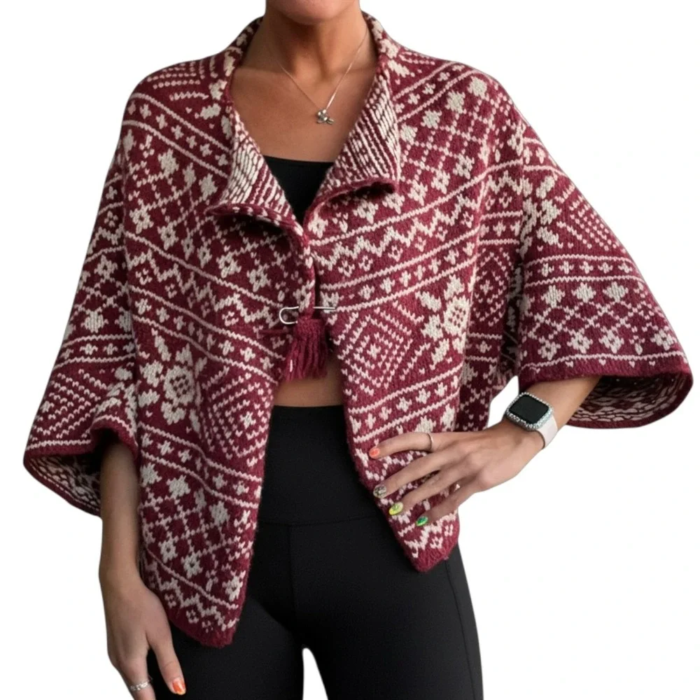 Cabi M Red White Fair Isle Wool Blend Pin Closure Knit Wrap Nordic Shrug Sweater